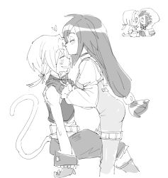 Rule 34 | 1boy, 1girl, blush, bodysuit, breasts, cat tail, closed eyes, couple, cropped vest, dede (qwea 00000), feet out of frame, final fantasy, final fantasy ix, garnet til alexandros xvii, gloves, grey gloves, greyscale, hands on another&#039;s shoulders, hetero, kiss, kissing forehead, long hair, low-tied long hair, medium breasts, monochrome, open mouth, parted bangs, short hair with long locks, sketch, smile, tail, thigh strap, vest, white background, wrist cuffs, zidane tribal