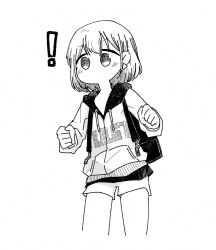 ! 1girl backpack bag blush clenched_hands commentary cowboy_shot drawstring earrings greyscale highres holding holding_bag hood hooded_jacket idolmaster idolmaster_shiny_colors jacket jewelry long_sleeves medium_hair monochrome no_mouth serizawa_asahi short_shorts shorts simple_background single_earring solo takatsuki_kouta white_background