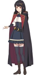 1girl anime_coloring belt black_cloak black_hair blunt_bangs bob_cut boots breasts brown_boots cloak closed_mouth collared_shirt corset eyebrows_hidden_by_hair ficelle_harbeller full_body hair_ornament hairpin hayasato_satsuki katainaka_no_ossan_kensei_ni_naru long_sleeves looking_at_viewer medium_breasts medium_hair official_art red_eyes shirt simple_background standing thighhighs thighs transparent_background white_shirt