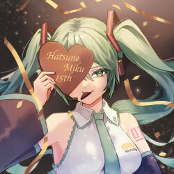 Rule 34 | 1girl, anniversary, arm tattoo, black sleeves, breasts, character name, chocolate, collared shirt, commentary request, copyright name, covering one eye, detached sleeves, food, green eyes, green hair, green necktie, hair between eyes, hatsune miku, heart, holding, holding chocolate, holding food, kotatsukarakita, long hair, long sleeves, necktie, number tattoo, shirt, sleeveless, sleeveless shirt, solo, streamers, tattoo, twintails, vocaloid