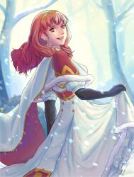 1girl :d alternate_costume black_gloves cape celica_(fire_emblem) dress earrings elbow_gloves fire_emblem fire_emblem_echoes:_shadows_of_valentia frills gloves highres jewelry long_hair nintendo open_mouth orange_eyes orange_hair princess red_eyes red_hair smile snow solo tartarbox tiara tree white_dress winter