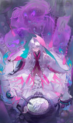 1girl absurdres gloves highres holding japanese_clothes kimono long_hair long_sleeves looking_at_viewer original persiaya pink_gloves sitting smoking_pipe solo tassel white_hair wide_sleeves