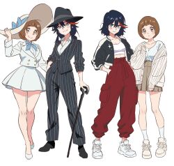 Rule 34 | 2girls, baggy pants, black hair, black shoes, black suit, blue bow, blue eyes, blue ribbon, blush, bow, breasts, brown hair, cane, cleavage, crop top, dress, dress shirt, fedora, formal clothes, four-pointed star, frown, gold buttons, hat, highres, jacket, kill la kill, kitten heels, looking at viewer, mankanshoku mako, matoi ryuuko, multicolored hair, multiple girls, pants, pinstripe pattern, pinstripe suit, pleated skirt, red pants, red streaks, ribbed jacket, ribbon, shirt, shoes, short hair, sisi am1011, skirt, smile, sneakers, socks, streaked hair, suit, sukajan, sun hat, thighs, white background, white dress, white shoes