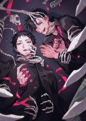 Rule 34 | 2boys, akaashi keiji, black hair, black jacket, black nails, black sweater, blue eyes, blurry, blurry foreground, chanoo artz, collarbone, commentary, empty bottle, english commentary, fingernails, grey background, haikyuu!!, hair between eyes, holding, holding ribbon, jacket, kuroo tetsurou, looking at viewer, lying, male focus, multiple boys, on back, on side, own hands together, parted lips, petal in mouth, pink petals, pink ribbon, print background, ribbon, short hair, skeleton, sweater, teeth, upper body, yellow eyes