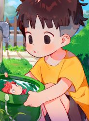 1boy 1girl blue_sky brown_hair brown_shorts commentary day english_commentary fence fish_girl gake_no_ue_no_ponyo grass highres holding holding_pot kneeling looking_at_another monster_girl nemui_(nemuriyagi) no_eyebrows outdoors ponyo pot red_hair shirt short_hair short_sleeves shorts sky solo_focus sousuke_(ponyo) yellow_shirt