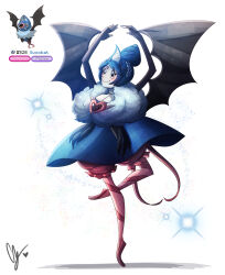 1girl absurdres arms_up ballet_slippers black_eyes black_gloves black_wings blue_hair blue_skirt breasts character_name cleavage creatures_(company) elbow_gloves endifi full_body game_freak gen_5_pokemon gloves hair_bun hair_ornament headpiece heart highres medium_breasts nintendo pale_skin pantyhose pink_pantyhose pokemon skirt smile solo standing standing_on_one_leg swoobat white_background wings