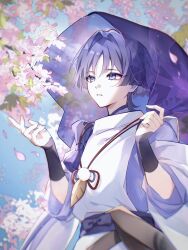 Rule 34 | 1boy, armor, blue sky, blunt ends, bow, brown sash, cherry blossoms, cloud, cloudy sky, doll joints, eyeliner, eyeshadow, falling petals, feathers, fingernails, floral print veil, genshin impact, hair intakes, hands up, highres, japanese armor, japanese clothes, joints, kariginu, kimono, kote, kurokote, layered sleeves, looking to the side, makeup, male focus, open mouth, outdoors, petals, pink petals, pom pom (clothes), purple bow, purple eyes, purple hair, purple kimono, purple sash, purple sleeves, purple veil, red eyeliner, red eyeshadow, sash, scaramouche (genshin impact), scaramouche (kabukimono) (genshin impact), see-through clothes, see-through veil, side cut, sky, sleeves rolled up, solo, string, tasuki, tsurime, upper body, veil, w02 14, white mouth, white sleeves, wispy bangs, yellow feathers