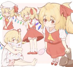 ascot blonde_hair bloomers blush candy commentary crystal crystal_wings esthoric flandre_scarlet food hat hat_ribbon highres lollipop mob_cap multicolored_wings one_side_up red_eyes red_skirt red_vest ribbon side_ponytail skirt smile touhou underwear vest wings yellow_ascot