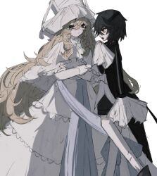 Rule 34 | 2girls, a umanee, black hair, blonde hair, dress, eyepatch, face-to-face, green eyes, highres, long hair, magical girl, mahou shoujo madoka magica, mahou shoujo oriko magica, medium hair, multiple girls, orange eyes, very long hair, white background, white dress