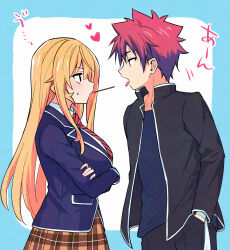 1boy 1girl black_eyes black_jacket black_pants blazer blonde_hair blue_border blue_jacket blue_shirt blush border breasts brown_skirt collared_shirt commentary_request cowboy_shot diagonal-striped_clothes diagonal-striped_necktie eye_contact food food_in_mouth from_side hand_in_pocket headband_around_arm heart hetero highres jacket large_breasts long_hair long_sleeves looking_at_another nakiri_erina necktie open_clothes open_jacket open_mouth pants plaid_clothes plaid_skirt pleated_skirt pocky pocky_day pocky_in_mouth profile red_hair red_necktie shirt shokugeki_no_souma short_hair skirt small_sweatdrop standing striped_clothes t-shirt tongue tongue_out tootsuki_saryou_ryouri_gakuen_uniform toy-black translation_request very_long_hair white_background white_shirt yukihira_souma