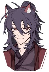 Rule 34 | 1boy, ahoge, animal ear fluff, animal ears, asansama, black hair, black hanfu, chinese clothes, chinese commentary, closed mouth, coat, dao gui yi xian, fox boy, fox ears, hair between eyes, hair bun, half updo, hanfu, highres, kemonomimi mode, li huowang, long hair, looking at viewer, male focus, ponytail, red coat, red eyes, simple background, single hair bun, smile, solo, upper body, white background