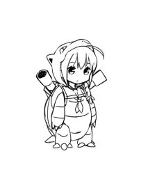 1girl blastoise cosplay costume female_focus gen_1_pokemon greyscale kantai_collection monochrome ninnzinn nintendo pokemon shigure_(kancolle) simple_background solo standing tortoise turtle white_background