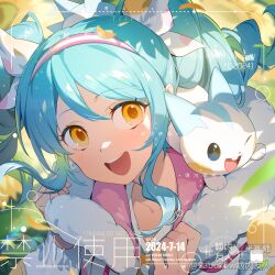 1girl 2024 :d artist_name blue_hair blue_jacket dated drill_hair fur-trimmed_jacket fur_trim gen_4_pokemon hair_ribbon hairband highres jacket long_hair long_sleeves looking_at_viewer mihuashi_logo nintendo on_shoulder open_mouth original pabuk5w pachirisu pink_hairband pokemon pokemon_(creature) pokemon_on_shoulder portrait ribbon sidelocks smile teeth twin_drills upper_teeth_only watermark web_address weibo_username white_ribbon yellow_eyes