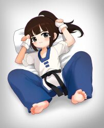1girl barefoot belt black_belt black_eyes blue_pants blunt_bangs brown_hair closed_mouth commentary_request feet fingerless_gloves gloves grey_background high_ponytail highres kuma-bound looking_at_viewer lying martial_arts_belt on_back original pants pillow ponytail soles solo tearing_up toes white_gloves