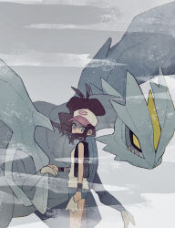 1girl antenna_hair black_vest blue_eyes brown_hair commentary exposed_pocket game_freak gen_5_pokemon hat high_ponytail highres hilda_(pokemon) hime_(himetya105) kyurem legendary_pokemon long_hair looking_at_viewer nintendo open_clothes open_vest pokemon pokemon_(creature) pokemon_bw ponytail shirt short_shorts shorts sidelocks vest white_hat white_shirt