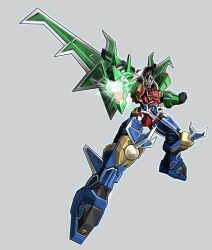 Rule 34 | absurdres, aiming, aiming at viewer, arm cannon, armor, blue armor, clenched hand, duel monster, green armor, green wings, grey background, highres, mecha, mechanical wings, paper bot, red armor, robot, simple background, solo, super quantal mech king great magnus, tokusatsu, weapon, wings, yu-gi-oh!