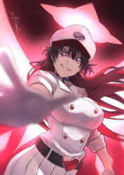 1girl artist_name bambietta_basterbine belt black_belt black_hair bleach breasts commentary fighting_stance grin hat highres jacket long_hair medium_breasts outstretched_arm purple_hair quincy_(bleach) skirt smile smug solo strail_cycleman teeth white_hat white_jacket white_skirt