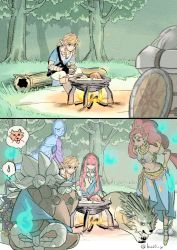 3girls 4boys blonde_hair blue_eyes blue_fire blue_tunic bra closed_eyes cooking daruk dress earrings fi_(zelda) fire happy high_heels jewelry link mipha multiple_boys multiple_girls nintendo open_mouth pointy_ears ponytail red_hair revali shawl sitting smile the_legend_of_zelda the_legend_of_zelda:_breath_of_the_wild the_legend_of_zelda:_skyward_sword the_legend_of_zelda:_twilight_princess tree tunic underwear urbosa wolf wolf_link yellow_eyes zora