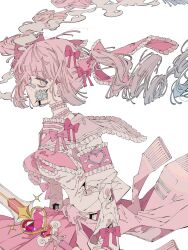 1girl bandaid bandaid_on_face bandaid_on_nose black_blood blood blood_on_face blunt_bangs bow choker cigarette cowboy_shot expressionless eyelashes floating_hair frilled_choker frills gauze gauze_on_cheek gauze_on_face gradient_hair grey_eyes hair_bow hair_ornament highres holding holding_sword holding_weapon hoshimura_yumea long_hair long_sleeves looking_at_viewer multicolored_hair neckerchief original pink_bow pink_hair pink_neckerchief pink_sailor_collar sailor_collar shirt simple_background smoke smoking solo sword weapon white_background