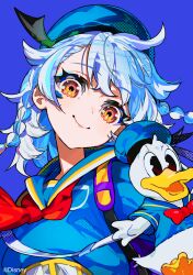 1girl asymmetrical_bangs belt ben-day_dots blue_background blue_hair blue_hat blue_sailor_collar blue_shirt braid closed_mouth commentary commentary_request company_name copyright_notice disney donald_duck english_commentary eyelashes hair_tie hat head_tilt highres looking_at_viewer mickey_mouse_&amp;_friends mika_pikazo mixed-language_commentary multicolored_hair neckerchief official_art orange_eyes original red_neckerchief sailor_collar sailor_shirt screentones shirt smile solo stuffed_animal stuffed_toy twin_braids two-tone_hair upper_body white_belt white_hair
