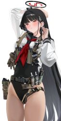 1girl absurdres alternate_costume belt black_hair black_halo black_one-piece_swimsuit blue_archive blue_sailor_collar blush chest_rig commentary cowboy_shot fte_(fifteen_199) gloves halo highleg highleg_leotard highres holster leotard long_hair long_sleeves magazine_(weapon) neckerchief one-piece_swimsuit parted_lips red_eyes red_neckerchief rio_(blue_archive) sailor_collar shirt simple_background solo swimsuit swimsuit_under_clothes tourniquet unworn_gloves utility_belt utility_vest vest white_background white_shirt