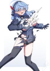 1girl absurdres ako_(blue_archive) bell black_gloves black_panties black_thighhighs blue_archive blue_dress blue_eyes blue_hair blue_halo blush breasts convenient_censoring cowbell dress gloves halo highres large_breasts medium_hair open_mouth panties simple_background solo thighhighs thighs to_(tototo_tk) torn_clothes torn_dress underwear white_background