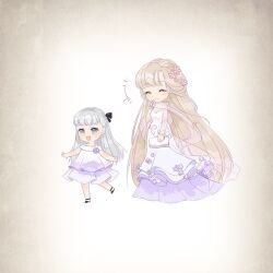 +++ 2girls ^_^ absurdly_long_hair adapted_costume aged_down artist_request bare_arms bare_shoulders bird black_bow black_shoes blonde_hair blunt_bangs bow bra_strap braid brooch cherry_blossoms child china_dress chinese_clothes closed_eyes closed_mouth dot_nose dove dress eyelashes fingerless_gloves flower flower_brooch game_cg gloves grey_eyes grey_hair hair_bow hair_flower hair_ornament half_up_braid hand_on_own_chin happy holding holding_wallet jewelry kimi_(miracle_nikki) lady_crescent_(miracle_nikki) laughing light_blush long_hair looking_ahead medium_dress miracle_nikki mother_and_daughter multiple_girls nikki_(series) off-shoulder_dress off_shoulder official_art open_mouth pink_flower pink_scarf pleated_dress purple_flower purple_rose rose scarf see-through_scarf shoes smile standing straight_hair tareme third-party_source very_long_hair wallet white_background white_blossom_(miracle_nikki) white_gloves