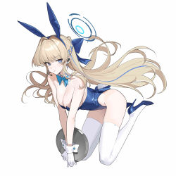 1girl absurdres animal_ears aqua_bow aqua_bowtie bare_shoulders blonde_hair blue_archive blue_eyes blue_footwear blue_hairband blue_leotard bow bowtie breasts cleavage closed_mouth detached_collar earpiece fake_animal_ears fake_tail feet_up full_body gloves hairband high_heels highleg highleg_leotard highres holding holding_plate iak large_breasts leotard long_hair looking_at_viewer medium_breasts official_alternate_costume plate playboy_bunny rabbit_ears rabbit_tail simple_background solo strapless strapless_leotard sweatdrop tail thighhighs toki_(blue_archive) toki_(bunny)_(blue_archive) very_long_hair white_background white_gloves white_thighhighs wrist_cuffs