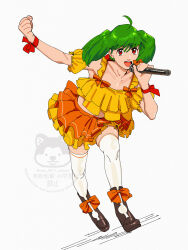1girl absurdres black_boots boots clenched_hand frilled_shirt frilled_skirt frills full_body green_hair highres holding holding_microphone leaning_forward macross macross_frontier microphone ojipon orange_ribbon orange_skirt ranka_lee red_eyes ribbon shirt short_hair simple_background skirt solo thighhighs twintails watermark white_background white_thighhighs