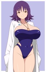 1girl blue_one-piece_swimsuit breasts brown_eyes cleavage coat highleg highleg_one-piece_swimsuit highres huge_breasts ichiryuu_tsumiki jewelry lab_coat long_sleeves looking_at_viewer necklace nintendo one-piece_swimsuit philena_ivy pokemon pokemon_(anime) pokemon_(classic_anime) purple_hair ring ring_necklace short_hair smile solo swimsuit white_coat