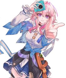 1girl 34umyeo acorn badge black_choker black_overskirt blue_eyes blue_jacket blue_skirt breasts button_badge camera choker closed_mouth commentary corrupted_twitter_file cowboy_shot finger_gun gradient_clothes gradient_jacket hair_intakes hands_up highres holding holding_camera honkai:_star_rail honkai_(series) jacket long_sleeves looking_at_viewer march_7th_(honkai:_star_rail) march_7th_(preservation)_(honkai:_star_rail) medium_breasts medium_hair miniskirt multicolored_eyes off-shoulder_jacket off_shoulder overskirt pink_eyes pink_hair pink_jacket pink_pupils pointing pointing_at_viewer shirt simple_background skirt smile solo symbol-only_commentary thigh_strap tied_jacket two-tone_eyes underbust white_background white_shirt