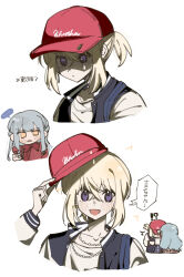 !? ... 2girls absurdres bang_dream! bang_dream!_it&#039;s_mygo!!!!! baseball_cap blonde_hair blue_hair blue_jacket blush chipslycoris commentary earrings hair_between_eyes hat highres jacket jewelry long_hair misumi_uika multiple_girls necklace open_mouth partially_translated ponytail purple_eyes red_hat red_shirt shirt short_hair short_ponytail sidelocks simple_background spoken_ellipsis togawa_sakiko translation_request white_background white_shirt
