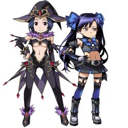 2girls black_hair blue_hair bow breasts brown_eyes cleavage cosplay embarrassed female_focus flat_chest hair_bow hat idolmaster idolmaster_(classic) imai_asami kisaragi_chihaya long_hair magiquone magiquone_(cosplay) midriff miura_azusa multiple_girls navel neptune_(series) noire_(neptunia) noire_(neptunia) noire_(neptunia)_(cosplay) red_eyes short_hair smile standing takahashi_chiaki tomonotomono twintails voice_actor_connection