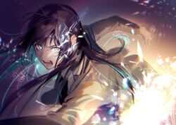 1girl absurdres ado_(utaite) adochansukisuki black_coat black_hair blue_eyes chando_(ado) coat colored_inner_hair commentary english_commentary fang highres lightning long_hair looking_at_viewer mole mole_under_eye multicolored_hair open_mouth solo teeth