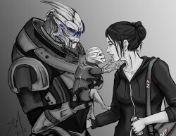 1boy 1girl absurdres baby bag carrying_baby carrying_person commander_shepard commander_shepard_(female) deviantart family garrus_vakarian highres mass_effect_(series) n7_hoodie reaching_up rossilyn strap turian