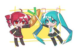 2girls ahoge baguette big_head black_boots black_shirt black_skirt black_thighhighs blue_eyes blue_hair blue_necktie blush boots bread buttons chibi chibi_only collared_shirt detached_sleeves drill_hair food full_body hair_between_eyes hatsune_miku holding holding_food holding_spring_onion holding_vegetable kasane_teto kasane_teto_(utau) long_hair multicolored_eyes multiple_girls necktie orange_eyes pleated_skirt red_eyes shirt skirt sleeveless sleeveless_shirt spring_onion thigh_boots thighhighs twin_drills twintails utau vegetable very_long_hair vocaloid white_background white_shirt wing_collar yasai31 yellow_background