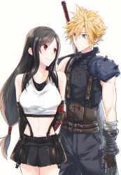 Rule 34 | 1boy, 1girl, absurdres, armor, arms behind back, bare shoulders, black gloves, black hair, black skirt, black sports bra, blue eyes, blue pants, blue sweater, breasts, buster sword, closed mouth, cloud strife, commentary request, cowboy shot, crop top, earrings, elbow gloves, final fantasy, final fantasy vii, final fantasy vii remake, gloves, highres, jewelry, long hair, looking at another, low-tied long hair, medium breasts, midriff, miniskirt, mizuamememe, navel, pants, red eyes, ribbed sweater, short hair, shoulder armor, single bare shoulder, skirt, sleeveless, sleeveless turtleneck, smile, spiked hair, sports bra, stud earrings, suspender skirt, suspenders, sweater, sword, sword on back, tank top, tifa lockhart, turtleneck, turtleneck sweater, weapon, weapon on back, white tank top