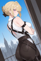 1girl ass bare_shoulders blonde_hair blue_eyes blush bow breasts evelyn_chevalier from_behind gayuchi hair_bow hair_bun highres large_breasts looking_at_viewer looking_down pants sideboob solo tight_clothes tight_pants zenless_zone_zero