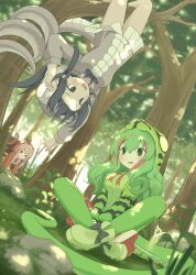 3girls black_bow black_bowtie black_eyes black_hair black_mamba_(kemono_friends) blush boomslang_(kemono_friends) boots bow bowtie brown_necktie crossed_legs drawstring green_boots green_eyes green_hoodie grey_hoodie hair_between_eyes hanging hood hood_up hoodie kemono_friends long_hair long_sleeves multicolored_hair multiple_girls necktie onefiresticks orange_eyes orange_hoodie pink_hair pleated_skirt print_hoodie red_hair red_skirt short_hair sidelocks sitting skirt sleeves_past_wrists snake_girl snake_print snake_tail tail taipan_(kemono_friends) thighhighs two-tone_hair two-tone_hoodie upside-down white_hoodie white_skirt zettai_ryouiki