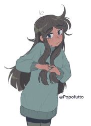 1girl ahoge blush brown_eyes brown_hair closed_mouth green_sweater libby_stein-torres long_hair looking_at_viewer multicolored_hair nanase_(trfok1) shirt shy simple_background solo streaked_hair sweater the_ghost_and_molly_mcgee very_long_hair white_background