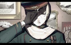1boy axis_powers_hetalia black_border black_gloves blood blood_on_clothes blood_on_face border buttons closed_mouth commentary english_commentary feathers gloves green_hat green_jacket hand_on_headwear hand_up hat hat_ornament highres jacket long_sleeves looking_at_viewer male_focus medal military_hat military_jacket military_uniform nosebleed pcpc_onaka picture_frame poster_(object) purple_eyes russia_(hetalia) russian_text scarf shadow short_hair solo space sputnik star_(symbol) star_hat_ornament star_ornament upper_body white_hair white_scarf