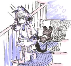 1girl :&lt; aged_down ahoge animal_ears daring_tact_(umamusume) dragging dress gloves hand_on_railing hatching_(texture) holding holding_stuffed_toy horse_ears horse_girl horse_tail jacket medium_hair necktie open_clothes open_jacket outdoors pantyhose railing shoes short_necktie sidelocks solo stairs stuffed_animal stuffed_toy tail teddy_bear umamusume wingo_(wingo809361131)
