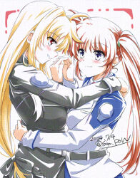 Rule 34 | 2girls, adversarial noise, blonde hair, couple, eye contact, fate testarossa, happy, holding hands, looking at another, lyrical nanoha, mahou shoujo lyrical nanoha vivid, military uniform, multiple girls, orange hair, purple eyes, red eyes, san-pon, side ponytail, smile, takamachi nanoha, tsab air military uniform, tsab executive military uniform, yuri