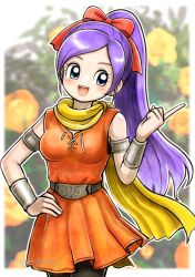 1girl :d absurdres armlet black_pants blue_eyes blurry blurry_background border bow bracer breasts commentary_request cowboy_shot dragon_quest dragon_quest_x earrings floating_clothes floating_hair hair_bow hand_on_own_hip highres jewelry looking_to_the_side medium_breasts mereade moyapippi open_mouth orange_tunic pants ponytail purple_hair red_bow scarf silver_armlet smile solo stud_earrings tunic white_border yellow_scarf