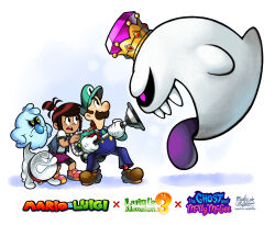 1girl 4boys absurdres blue_overalls brown_eyes brown_hair child colored_tongue commentary commission copyright_name crossover crown english_commentary facial_hair from_side full_body ghost highres king_boo long_hair luigi luigi&#039;s_mansion luigi&#039;s_mansion_3 mario_&amp;_luigi_rpg mario_(series) masanori_sato_(style) mast3r-rainb0w molly_mcgee multiple_boys mustache nintendo overalls poltergust_g-00 polterpup ponytail scratch_(the_ghost_and_molly_mcgee) shirt short_hair short_sleeves skirt the_ghost_and_molly_mcgee tongue tongue_out vest white_shirt