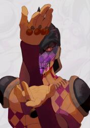 1other argyle_skin black_helmet calloff57 clenched_teeth drooling facial_mark helmet highres jojo_no_kimyou_na_bouken looking_at_viewer no_humans other_focus purple_haze_(stand) purple_haze_feedback shoulder_pads solo stand_(jojo) teeth vento_aureo