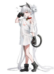 1girl absurdly_long_hair absurdres animal_ears animal_hands bell cat_ears cat_tail collar fake_animal_ears full_body gloves hair_bun highres leviathan_(hikinito0902) long_hair original paw_gloves paw_shoes shirt simple_background solo tail twintails very_long_hair white_background