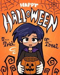 1girl :d black_robe blue_hair brown_eyes cartoonized english_text fis_(t83192933) flying_sweatdrops forehead gloves halloween_costume happy_halloween holding holding_pumpkin hood hoodie idolmaster idolmaster_(classic) idolmaster_million_live! idolmaster_million_live!_theater_days jack-o&#039;-lantern kisaragi_chihaya light_blush long_hair long_sleeves looking_at_viewer open_mouth parted_bangs pumpkin purple_hoodie robe sidelocks silk smile solo spider_web straight-on toon_(style) upper_body white_gloves