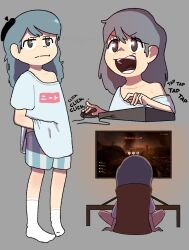 Rule 34 | 1girl, absurdres, beret, black hat, blue hair, brown eyes, chair, collarbone, commentary, computer keyboard, computer mouse, desk, full body, grey background, hat, highres, hilda (hilda), hilda (series), long hair, lord oscur0, monitor, multiple views, off shoulder, on chair, onii-chan wa oshimai!, open mouth, playing games, shirt, short sleeves, shorts, simple background, sitting, socks, solo, standing, striped clothes, striped shorts, t-shirt, upper body, vertical-striped clothes, vertical-striped shorts, white socks