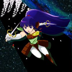 Rule 34 | 1girl, angry, blue eyes, blue hair, chest plate, female focus, flying, kayura, leotard, looking at viewer, open mouth, pantyhose, ponytail, preistess, ronin warriors, sidelocks, solo, sunrise (company), sword, weapon, yoroiden samurai troopers
